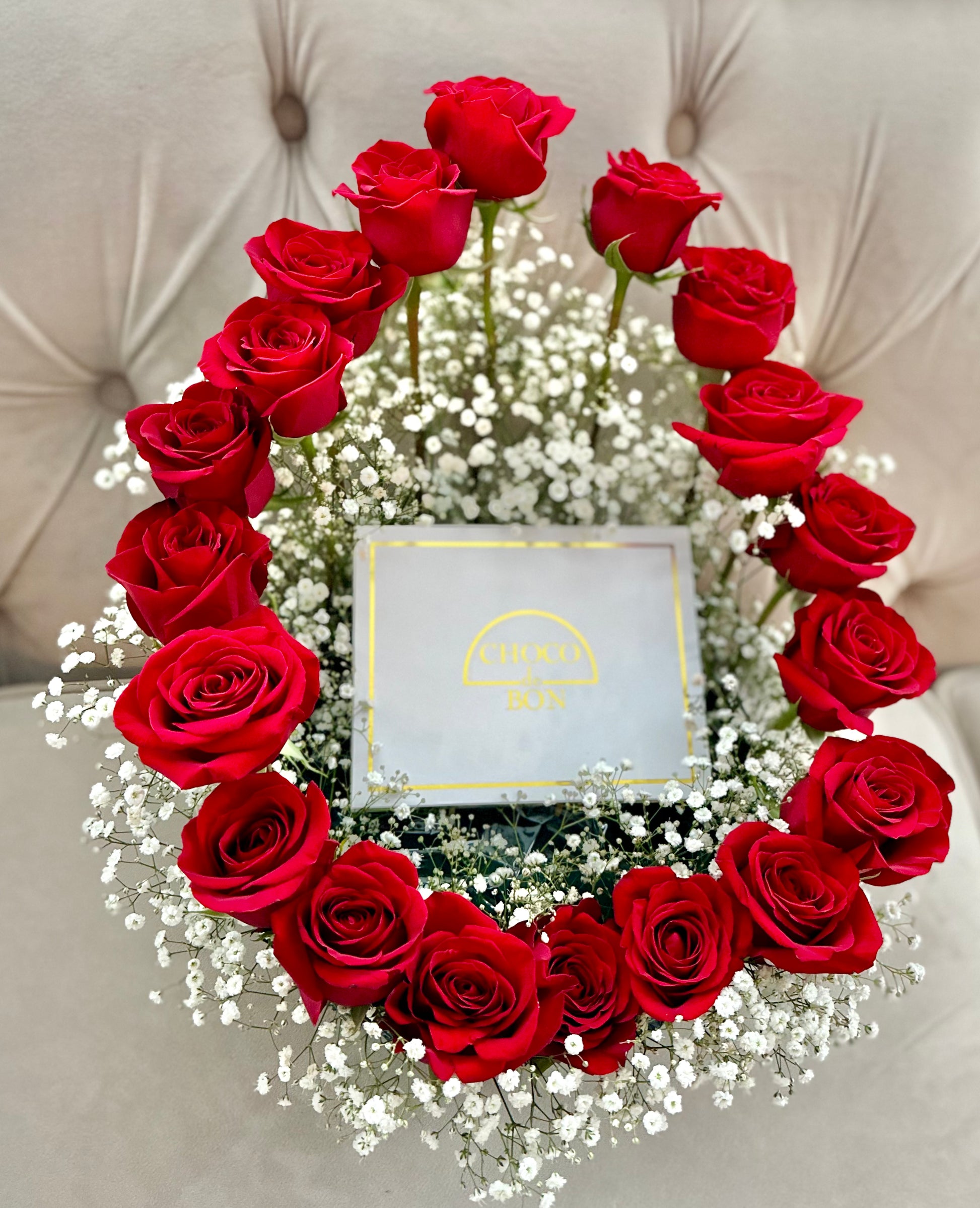 Luxury floral arrangement with large chocolate box