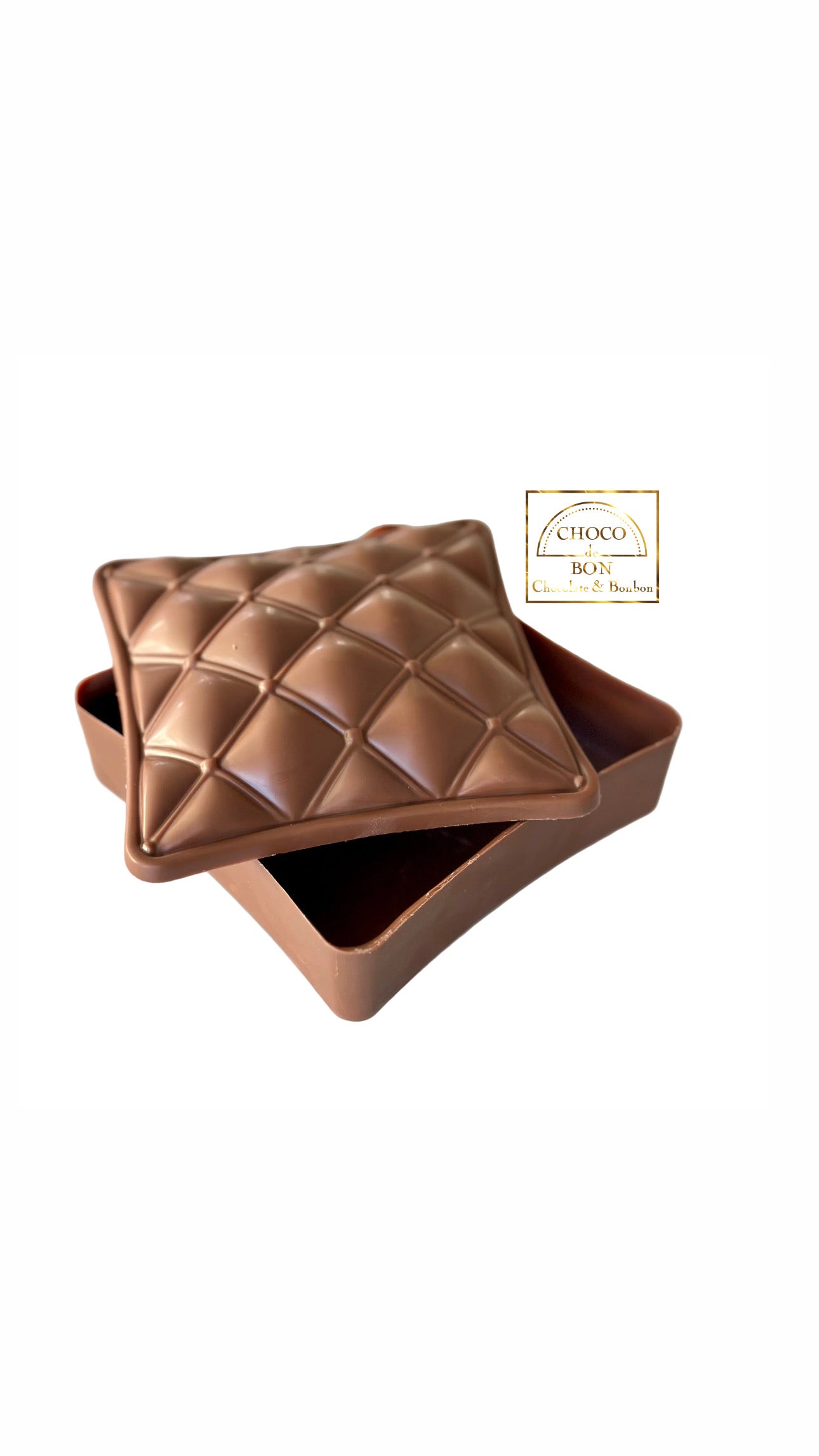 quilted chocolate box on a white background with 'Choco Box' branding.